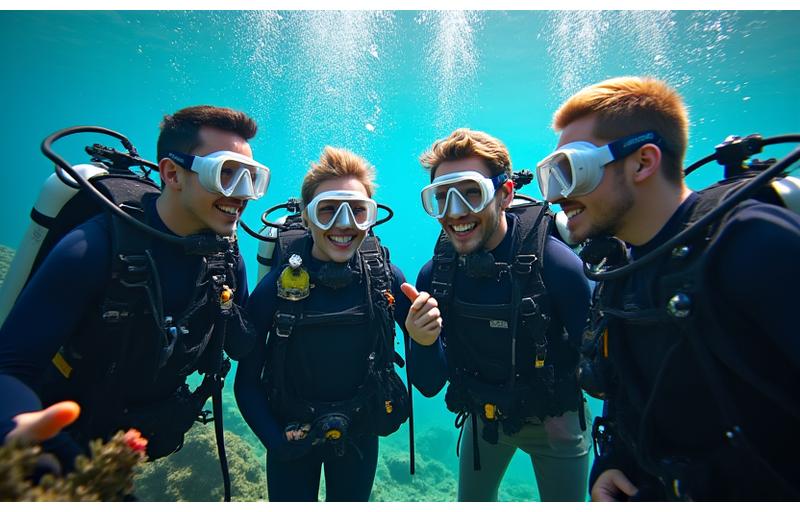 Diverse team of divers smiling underwater, gesturing towards marine life.